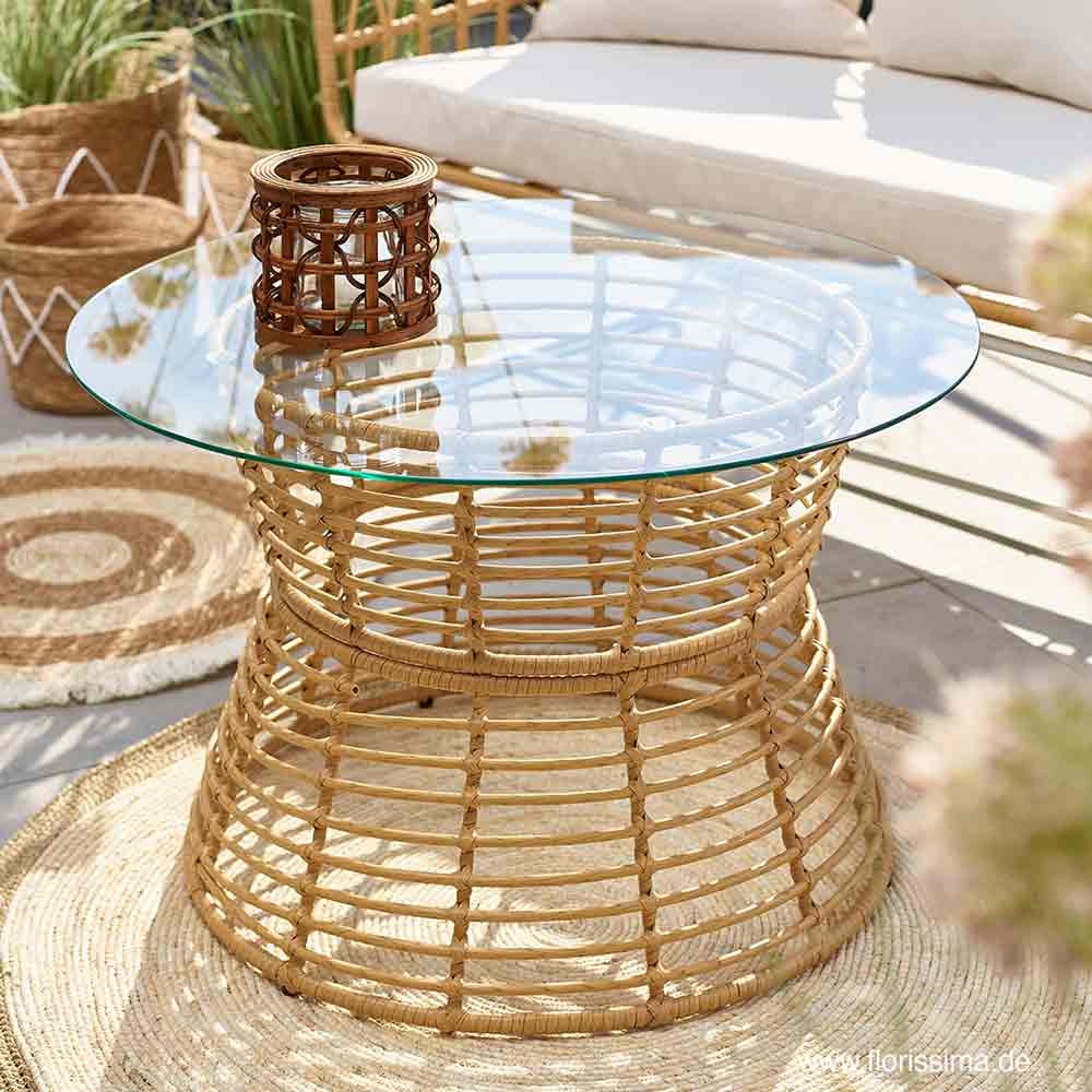 RATTAN TISCH MIT GLASPLATTE 75X45CM GRAU